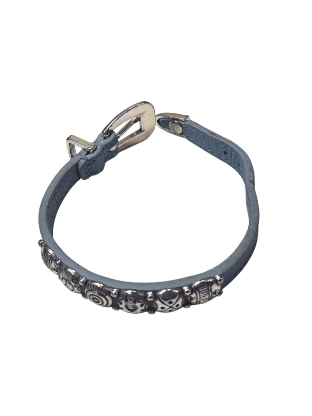 Vintage Brighton Harmony Bandit Bracelet Blue Leather Silver Tone Scrollwork